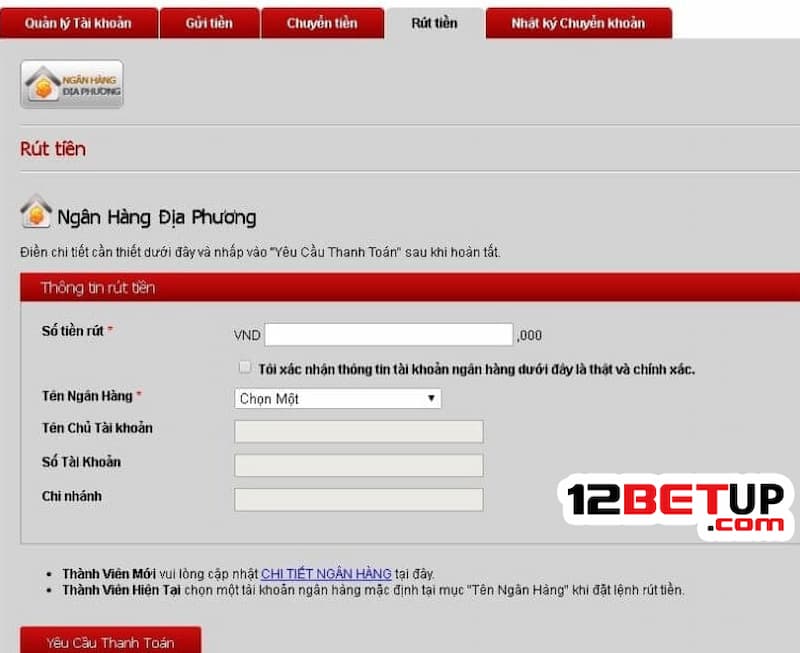 Nhập thông tin chính xác khi rút tiền tại 12Bet