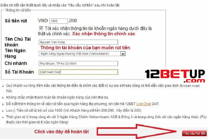 Hướng dẫn rút tiền 12Bet