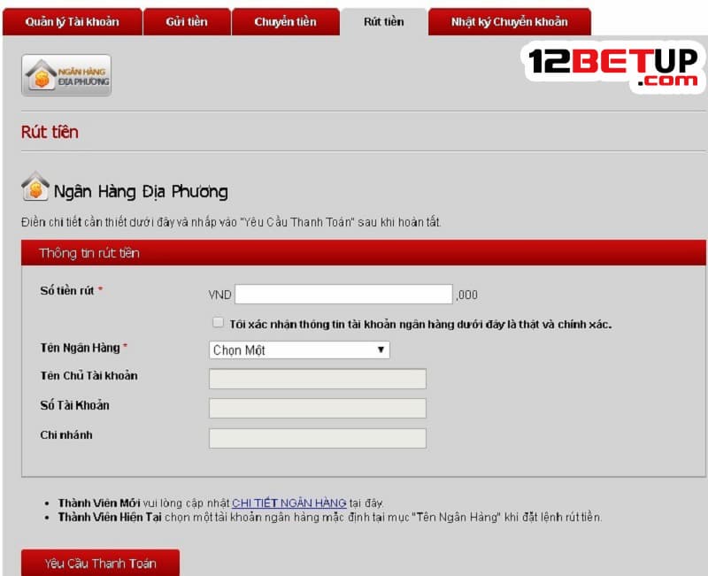 Rút hoa hồng khi làm đại lý 12Bet